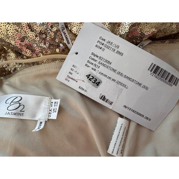 New B2 JASMINE Women's Sandstone Jewel Neck Sequin Long Bridesmaid Dress Size 14 - Picture 5 of 6